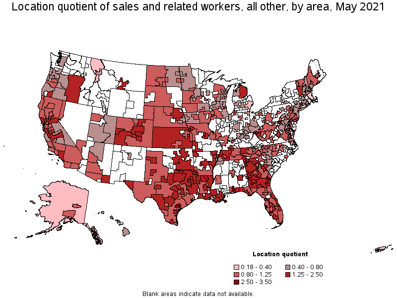Map of location quotient of sales and related workers, all other by area, May 2021