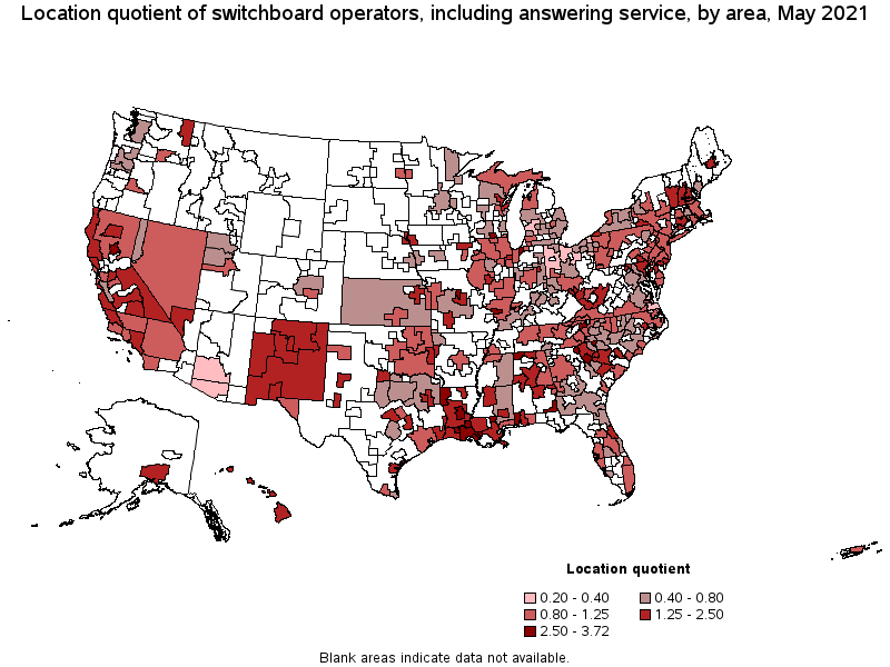 Map of location quotient of switchboard operators, including answering service by area, May 2021