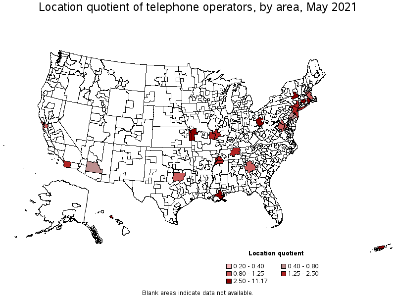 Map of location quotient of telephone operators by area, May 2021