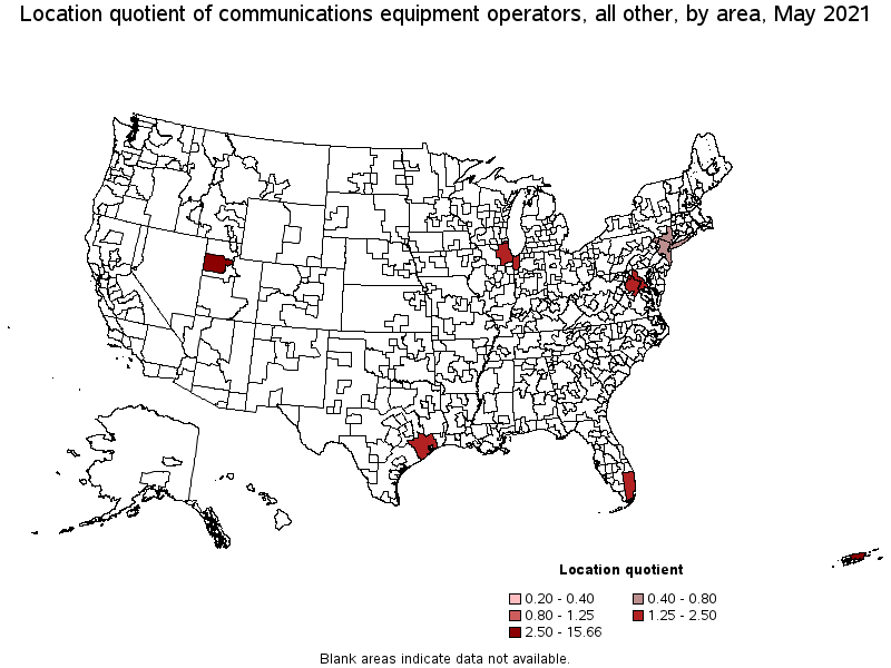Map of location quotient of communications equipment operators, all other by area, May 2021