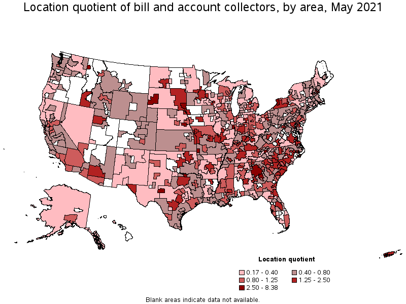 Map of location quotient of bill and account collectors by area, May 2021
