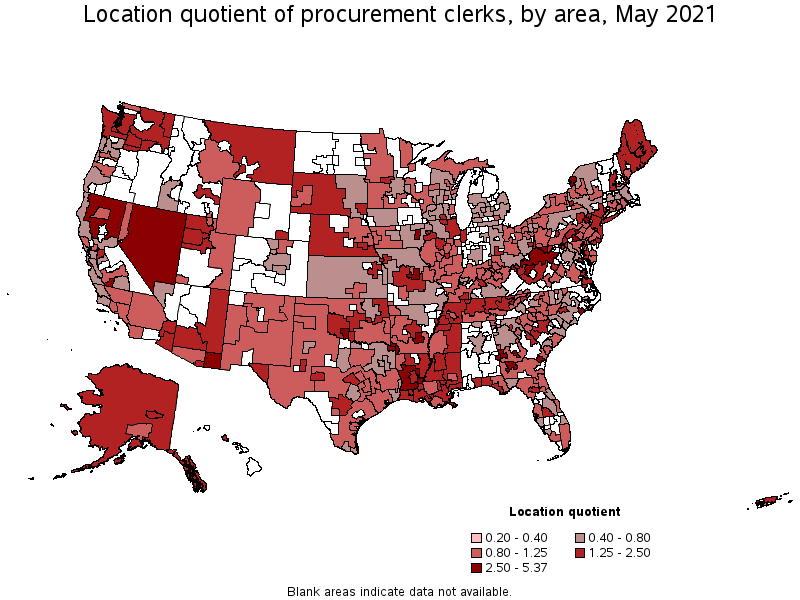 Map of location quotient of procurement clerks by area, May 2021