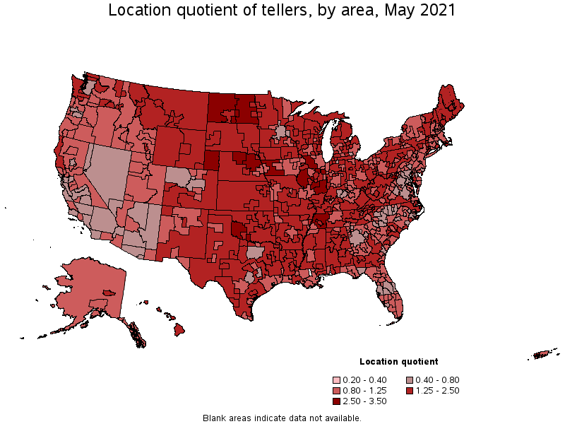 Map of location quotient of tellers by area, May 2021