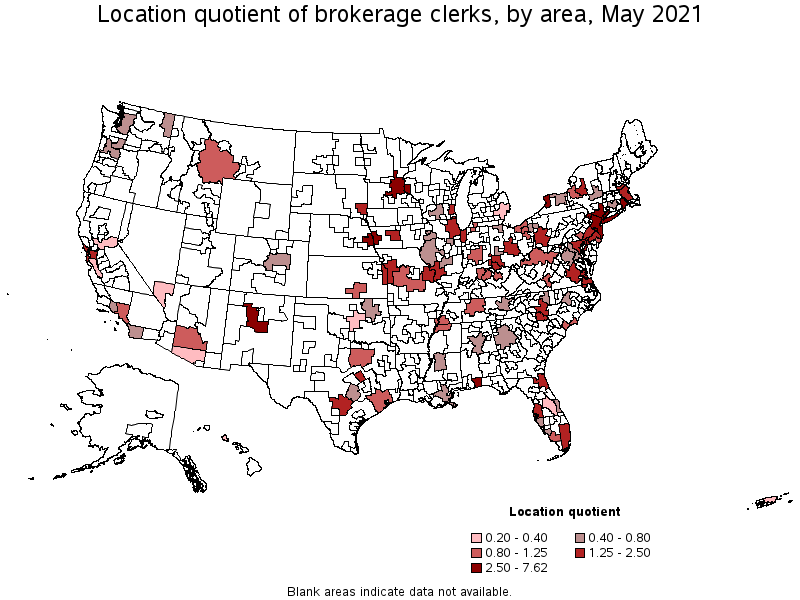 Map of location quotient of brokerage clerks by area, May 2021