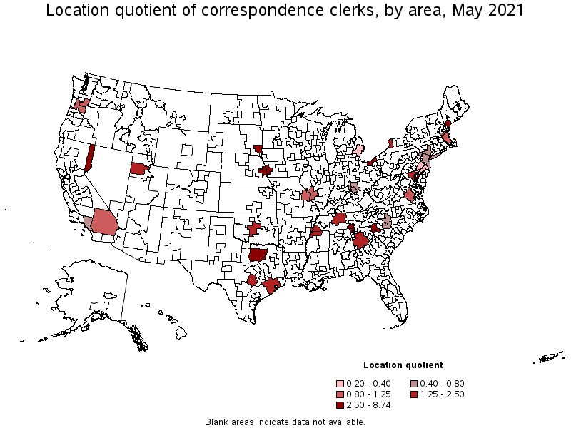 Map of location quotient of correspondence clerks by area, May 2021