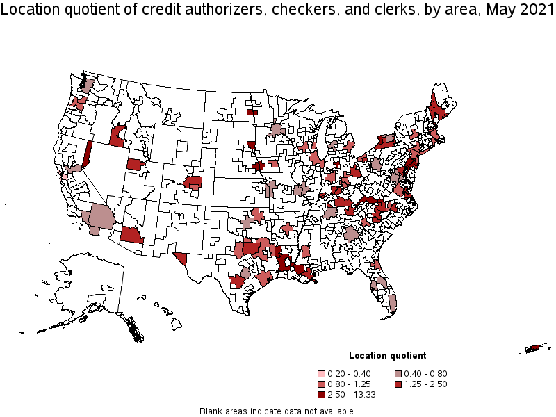 Map of location quotient of credit authorizers, checkers, and clerks by area, May 2021