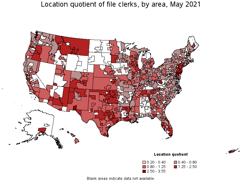 Map of location quotient of file clerks by area, May 2021