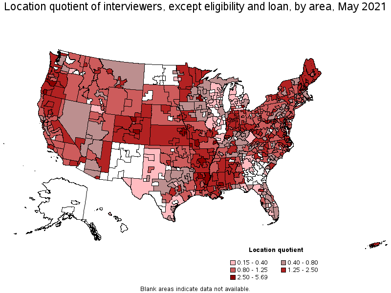Map of location quotient of interviewers, except eligibility and loan by area, May 2021