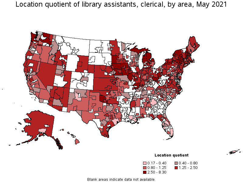 Map of location quotient of library assistants, clerical by area, May 2021