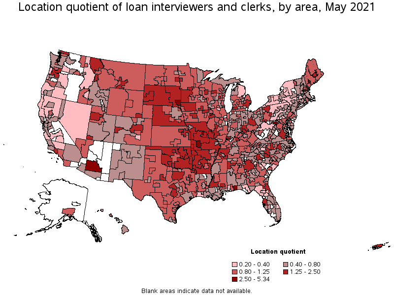 Map of location quotient of loan interviewers and clerks by area, May 2021