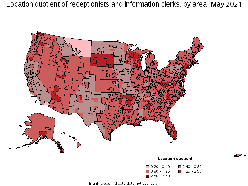 Map of location quotient of receptionists and information clerks by area, May 2021