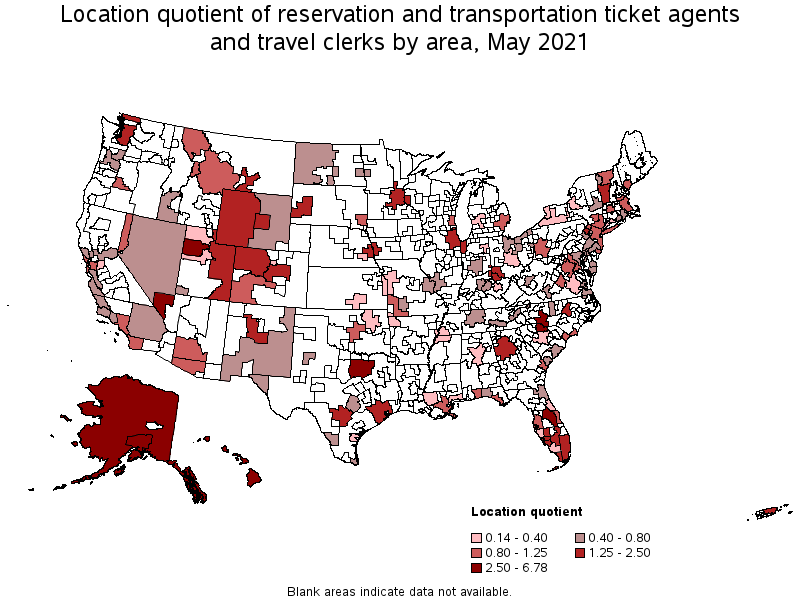 Map of location quotient of reservation and transportation ticket agents and travel clerks by area, May 2021