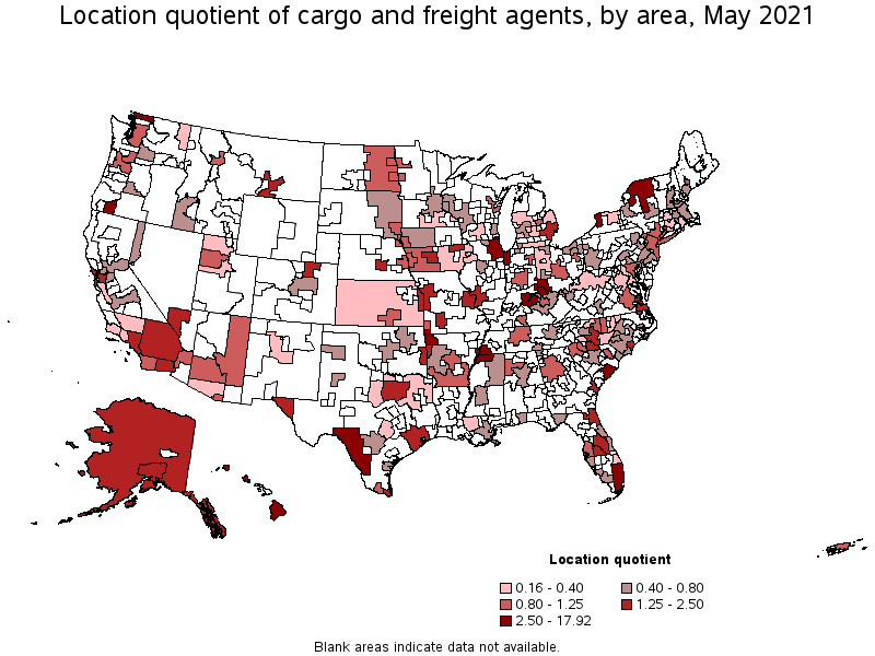 Map of location quotient of cargo and freight agents by area, May 2021