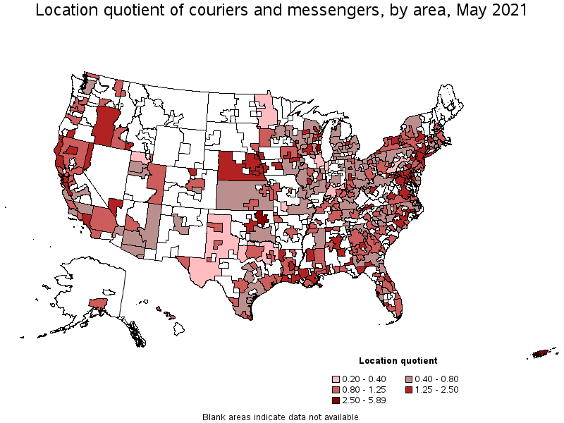 Map of location quotient of couriers and messengers by area, May 2021