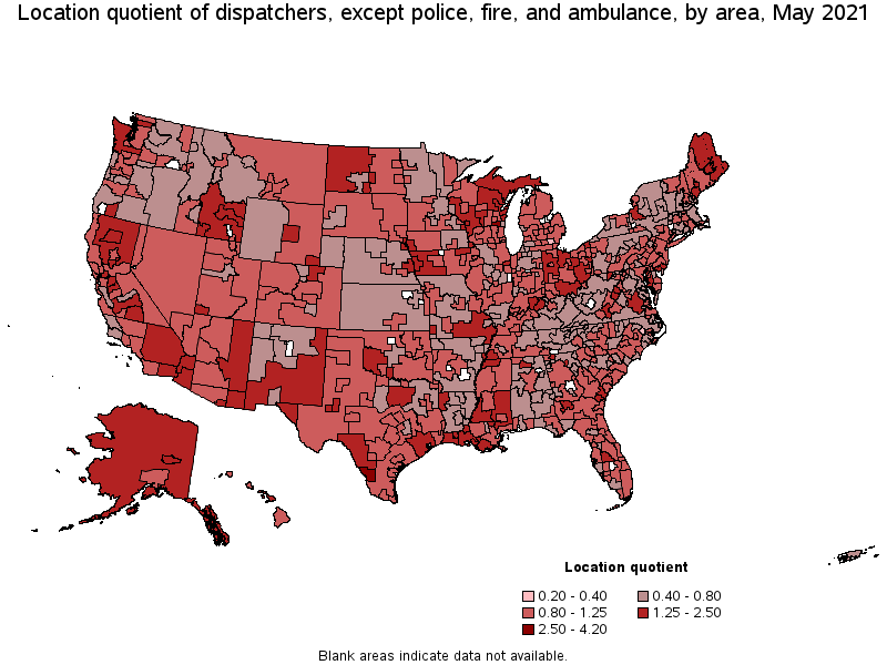 Map of location quotient of dispatchers, except police, fire, and ambulance by area, May 2021