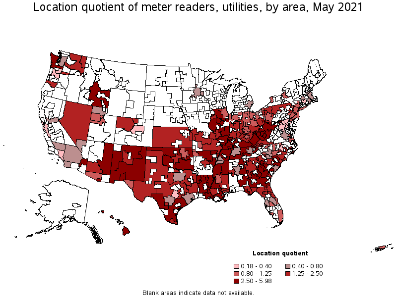 Map of location quotient of meter readers, utilities by area, May 2021