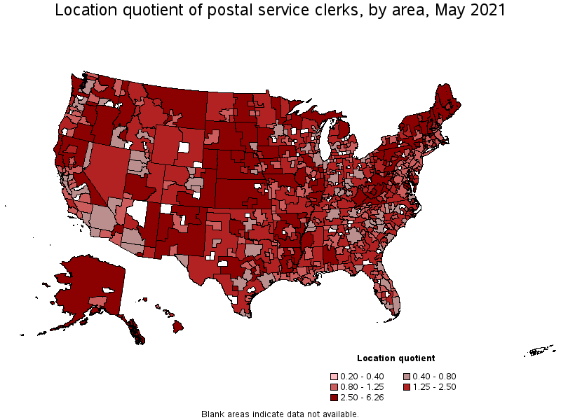 Map of location quotient of postal service clerks by area, May 2021