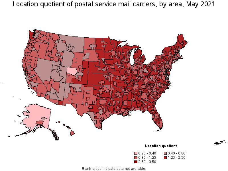 Map of location quotient of postal service mail carriers by area, May 2021