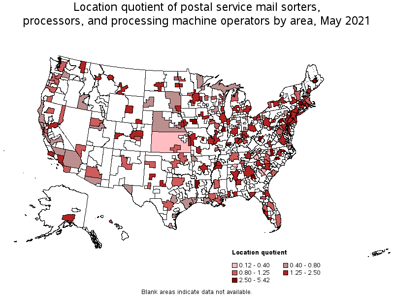 Map of location quotient of postal service mail sorters, processors, and processing machine operators by area, May 2021