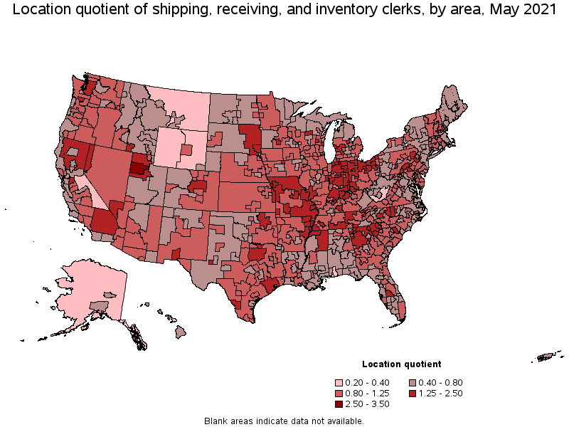 Map of location quotient of shipping, receiving, and inventory clerks by area, May 2021