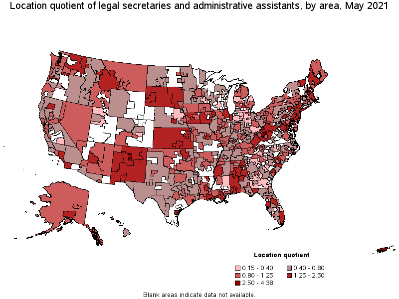 Map of location quotient of legal secretaries and administrative assistants by area, May 2021