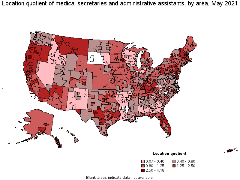 Map of location quotient of medical secretaries and administrative assistants by area, May 2021