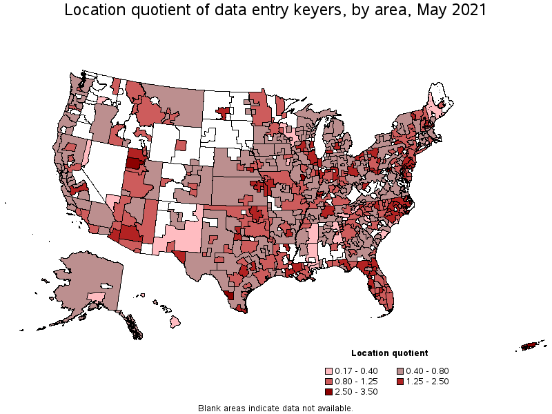 Map of location quotient of data entry keyers by area, May 2021