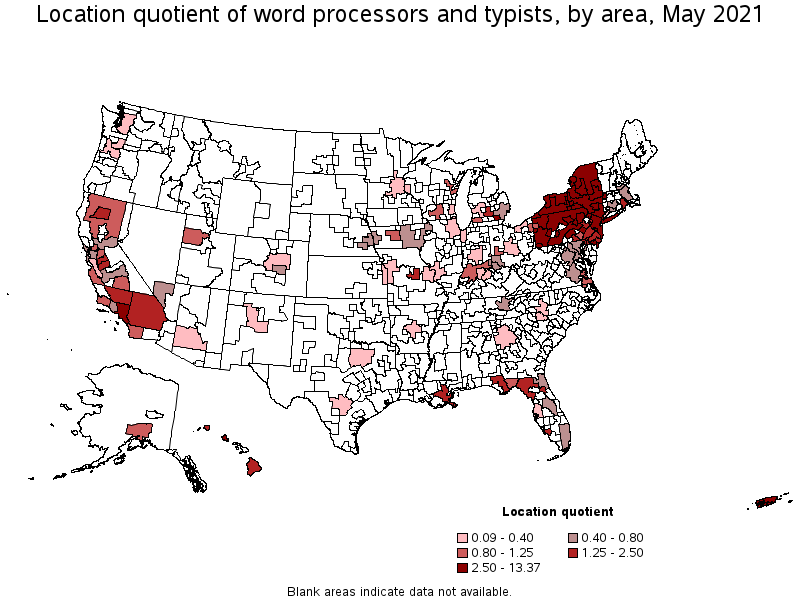 Map of location quotient of word processors and typists by area, May 2021