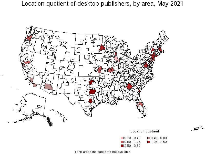Map of location quotient of desktop publishers by area, May 2021