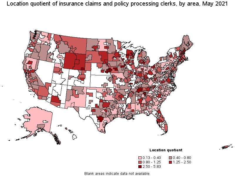 Map of location quotient of insurance claims and policy processing clerks by area, May 2021