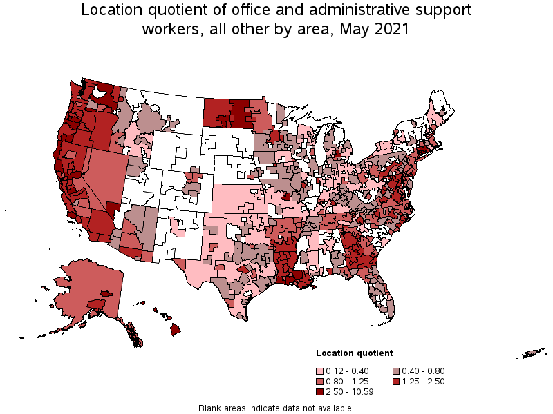 Map of location quotient of office and administrative support workers, all other by area, May 2021