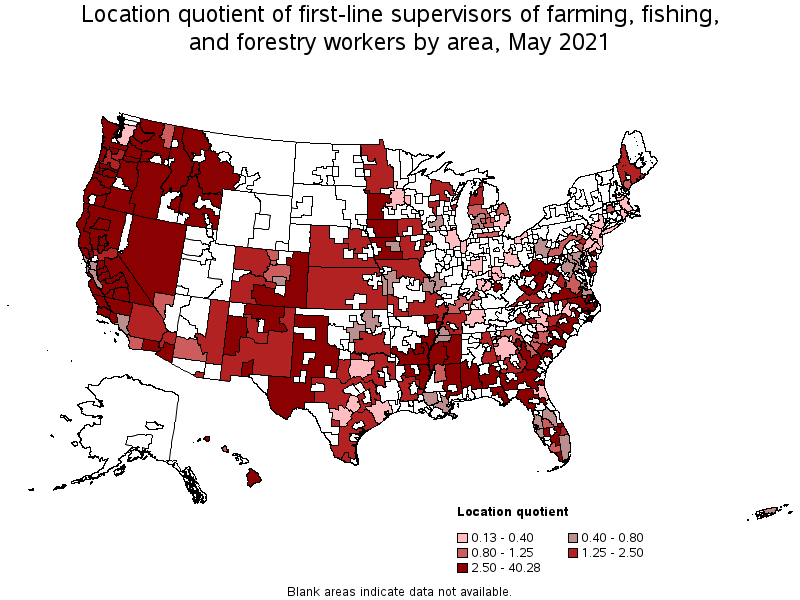 Map of location quotient of first-line supervisors of farming, fishing, and forestry workers by area, May 2021