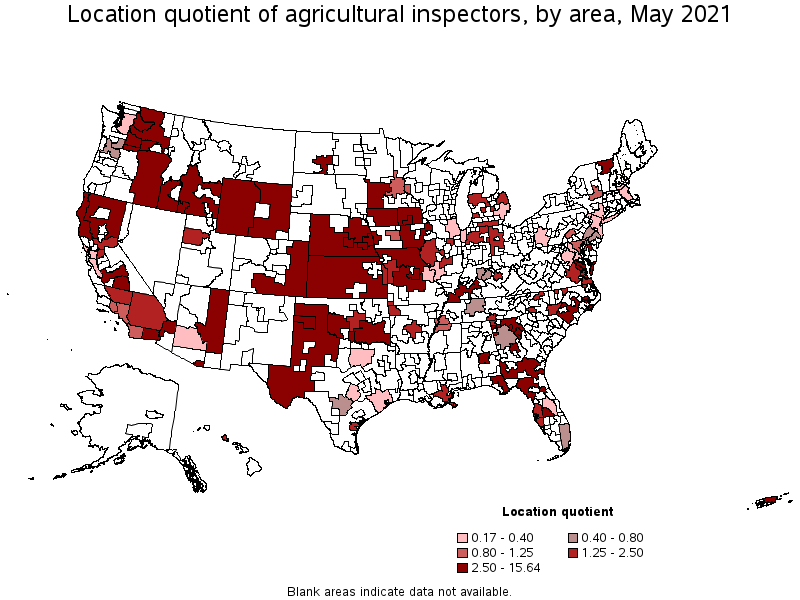 Map of location quotient of agricultural inspectors by area, May 2021