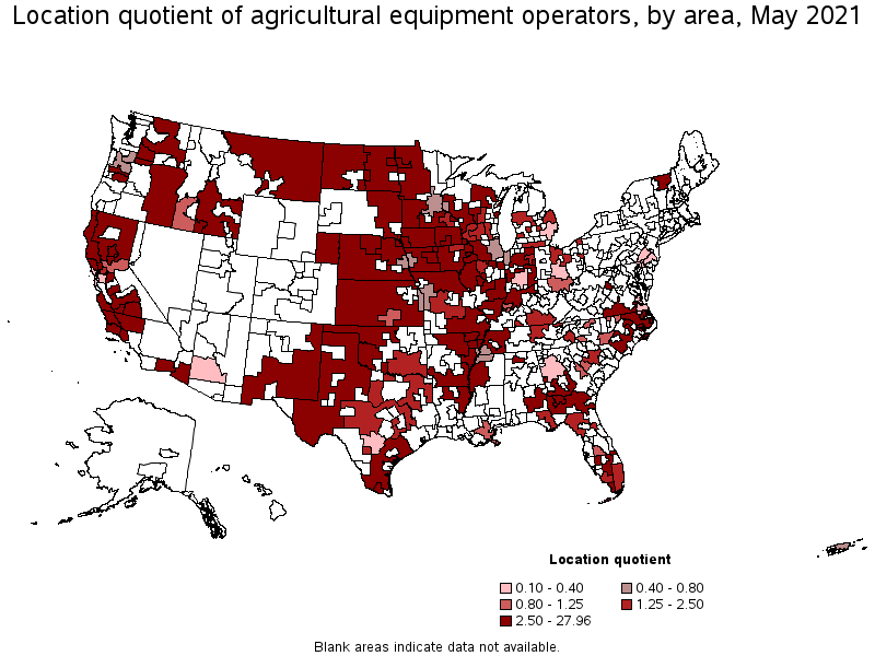 Map of location quotient of agricultural equipment operators by area, May 2021