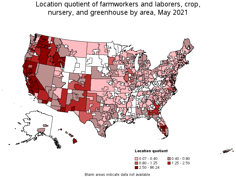 Map of location quotient of farmworkers and laborers, crop, nursery, and greenhouse by area, May 2021