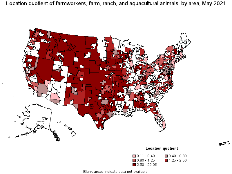 Map of location quotient of farmworkers, farm, ranch, and aquacultural animals by area, May 2021