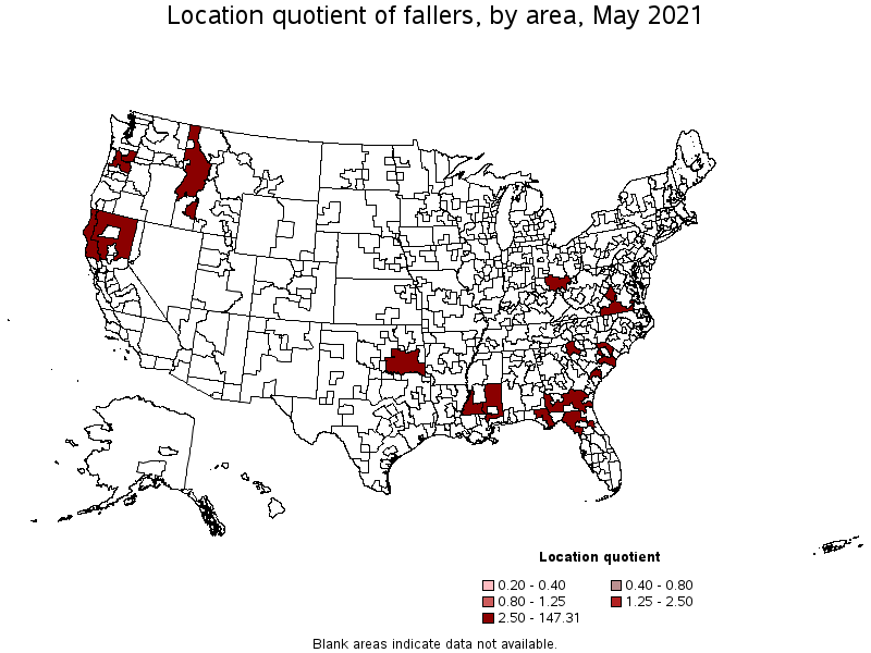 Map of location quotient of fallers by area, May 2021