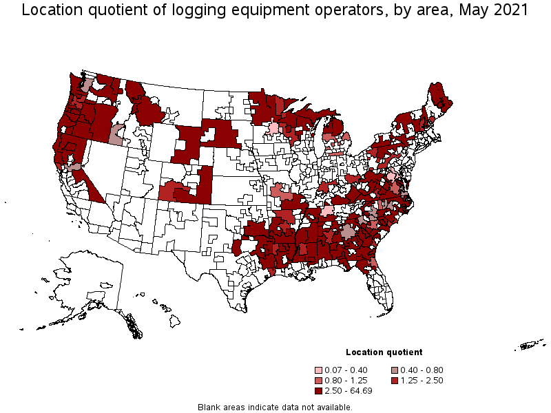 Map of location quotient of logging equipment operators by area, May 2021