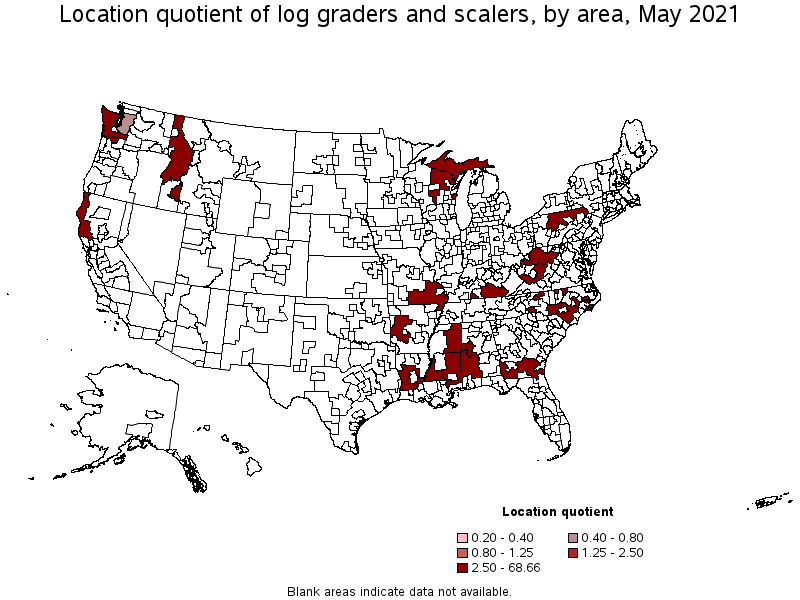Map of location quotient of log graders and scalers by area, May 2021