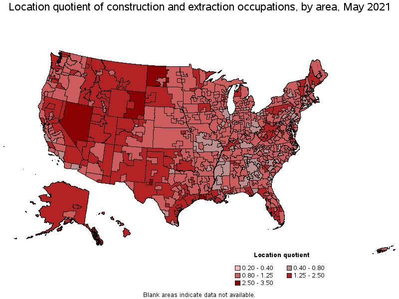 Map of location quotient of construction and extraction occupations by area, May 2021