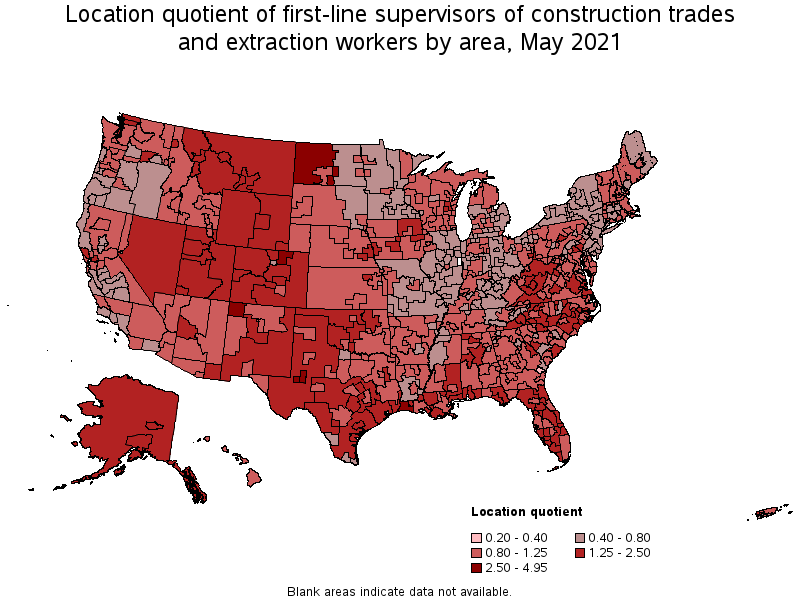 Map of location quotient of first-line supervisors of construction trades and extraction workers by area, May 2021