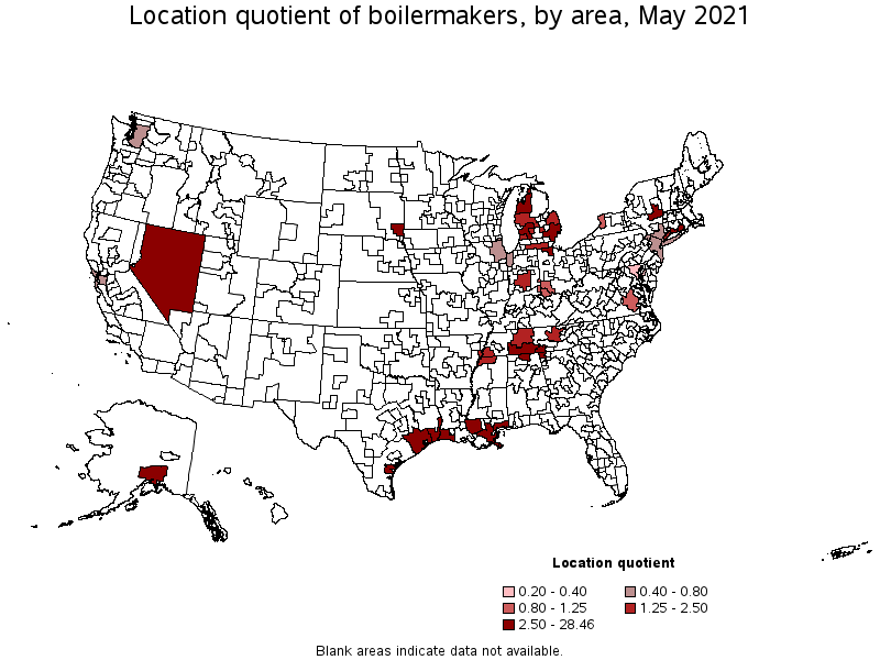 Map of location quotient of boilermakers by area, May 2021