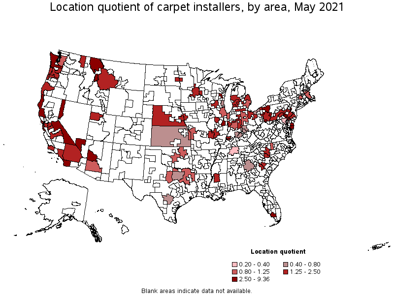 Map of location quotient of carpet installers by area, May 2021