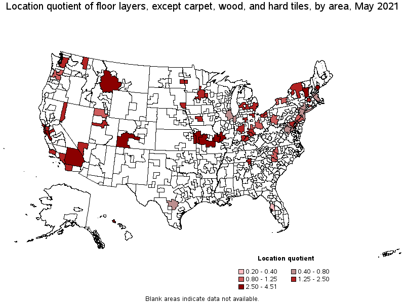 Map of location quotient of floor layers, except carpet, wood, and hard tiles by area, May 2021