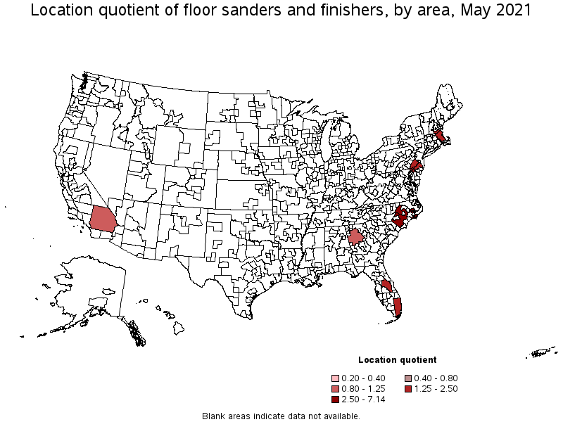 Map of location quotient of floor sanders and finishers by area, May 2021