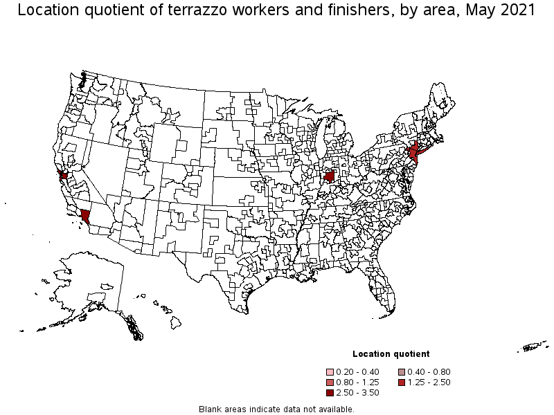 Map of location quotient of terrazzo workers and finishers by area, May 2021