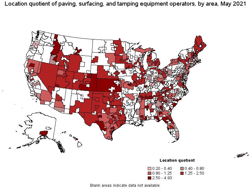 Map of location quotient of paving, surfacing, and tamping equipment operators by area, May 2021