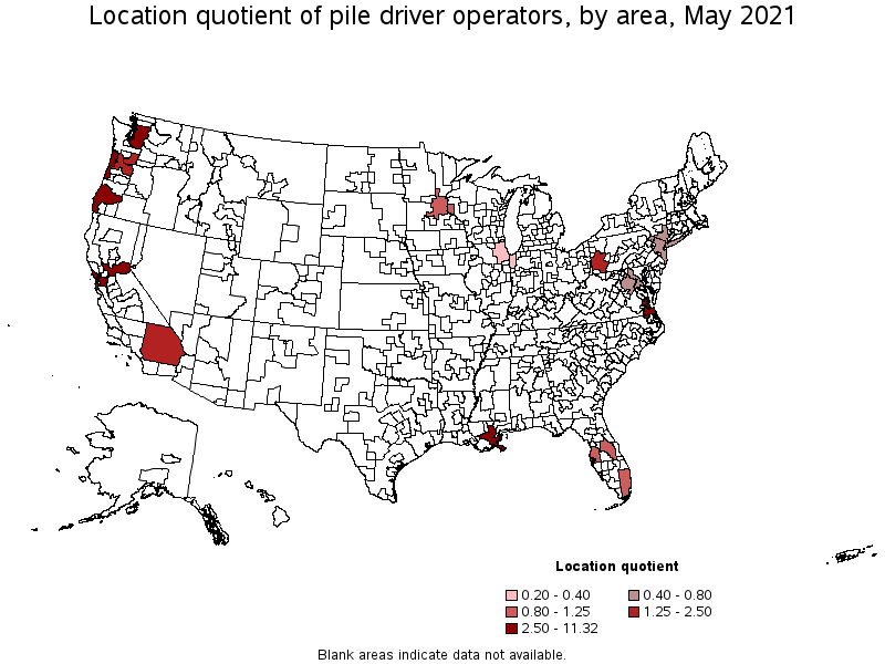 Map of location quotient of pile driver operators by area, May 2021