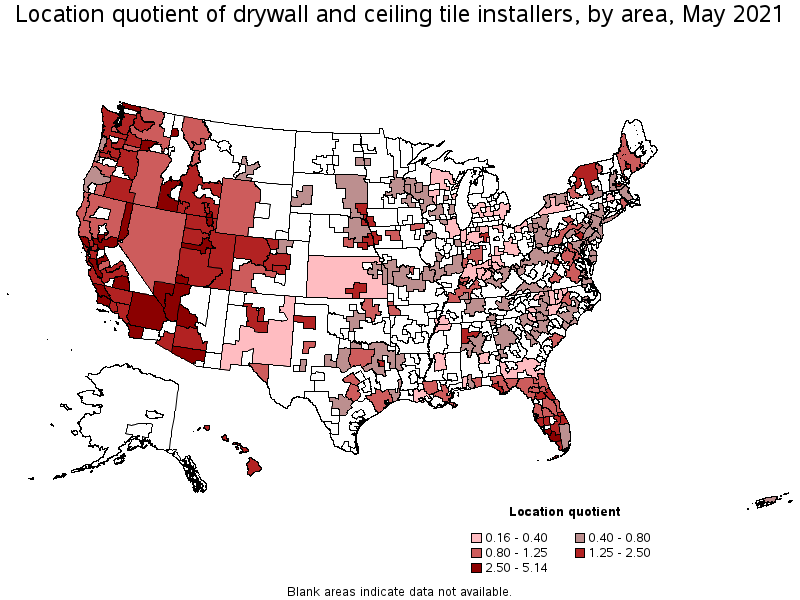 Map of location quotient of drywall and ceiling tile installers by area, May 2021