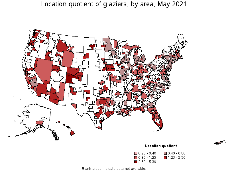Map of location quotient of glaziers by area, May 2021